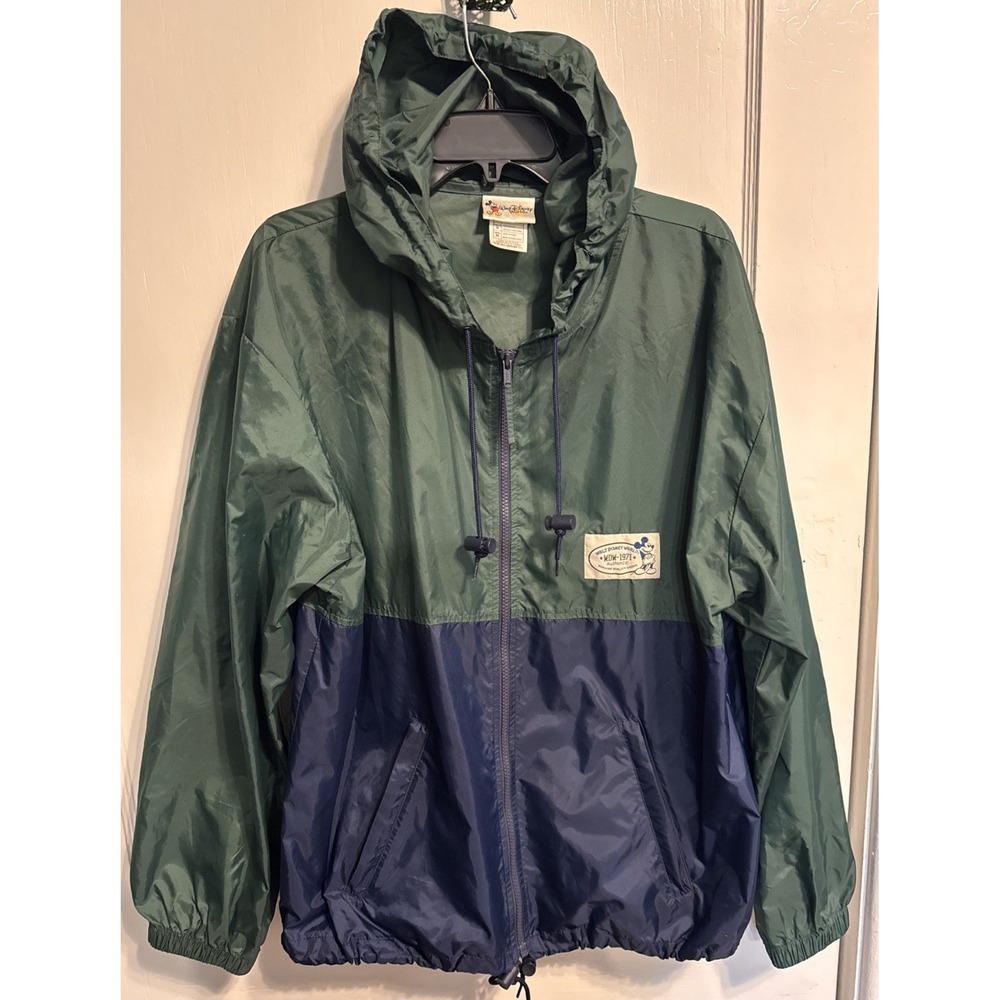 VTG 90s Walt Disney World Green Navy Colorblock Hooded Windbreaker Jacket SZ M